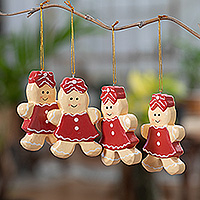 Wood ornaments, 'Gingerbread Sweeties' (set of 4) - Hand-Painted 4-Piece Wood Ornament Set of Gingerbread Girl