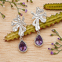 Amethyst dangle earrings, 'Wise Staghorn' - Balinese Leaf-Shaped Three-Carat Amethyst Dangle Earrings