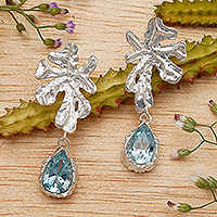 Blue topaz dangle earrings, 'Loyal Staghorn' - Leaf-Themed Five-Carat Blue Topaz Dangle Earrings from Bali