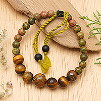 Unakite and tiger's eye beaded bracelet, 'Visions of Courage' - Bohemian Unakite and Tiger's Eye Beaded Bracelet from Bali