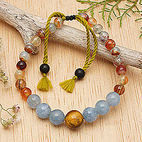 Aquamarine and tiger's eye beaded bracelet, 'Inner Earth' - Balinese Artisan-Made Aquamarine and Tiger's Eye Bracelet