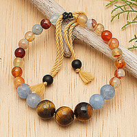 Aquamarine and tiger's eye beaded bracelet, 'Tranquil Soul' - Adjustable Aquamarine and Tiger's Eye Bracelet Made in Bali