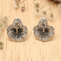 Sterling silver button earrings, 'Eternal Hibiscus' - Nature-Themed Sterling Silver Hibiscus Bloom Button Earrings