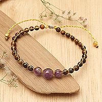 Tiger's eye and amethyst beaded bracelet, 'Wise Vitality' - Tiger's Eye and Amethyst Beaded Bracelet Handmade in Bali