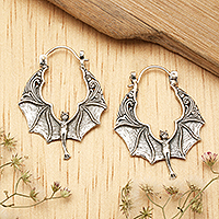 Sterling silver hoop earrings, 'Nocturnal Puissance' - Balinese Handmade Bat-Shaped Sterling Silver Hoop Earrings