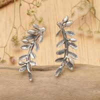 Sterling silver ear climber earrings, 'Orchid Leaves' - Nature-Themed Leafy Sterling Silver Ear Climber Earrings