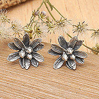 Sterling silver button earrings, 'Spring Elite' - Oxidized and Polished Floral Sterling Silver Button Earrings