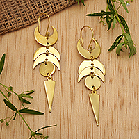 Gold-plated dangle earrings, 'Moon Facets' - Moon-Themed 18k Gold-Plated Brass Statement Dangle Earrings