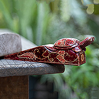 Wood door stop, 'Wise Advisor' - Batik-Patterned Turtle-Themed Burgundy Pule Wood Door Stop