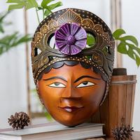 Wood mask, 'Jungle Dame' - Jungle-Inspired Batik Albesia Wood Mask Handcrafted in Java