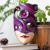 Wood mask, 'Tree Fairy' - Fairy-Inspired Purple Albesia Wood Mask with Batik Details