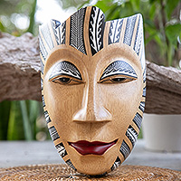 Wood mask, 'Warrior of Java' - Javanese Warrior-Themed Handcrafted Batik Albesia Wood Mask