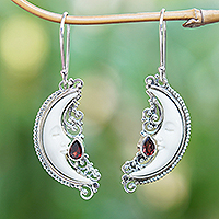 Garnet dangle earrings, 'Moonlight Passion' - Moon-Themed Natural Garnet Dangle Earrings Crafted in Bali