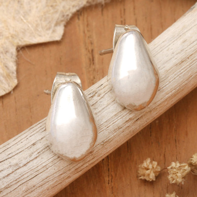 Sterling silver button earrings, 'Ethereal Avocado' - Avocado-Themed High-Polished Sterling Silver Button Earrings