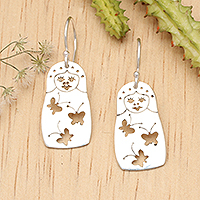 Sterling silver dangle earrings, 'Butterfly Girl' - Butterfly-Themed Whimsical Sterling Silver Dangle Earrings