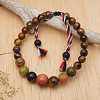 Tiger's eye and unakite beaded bracelet, 'Times of Boldness' - Balinese-Made Unisex Tiger's Eye and Unakite Beaded Bracelet