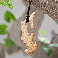 Hand-carved pendant necklace, 'Hammerhead Shark' - Sea Life-Themed Carved Black Leather Cord Pendant Necklace