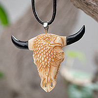 Hand-carved pendant necklace, 'Eagle Horns' - Adjustable Eagle-Themed Hand-Carved Cord Pendant Necklace