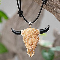 Hand-carved pendant necklace, 'Bear Horns' - Unisex Bear-Themed Hand-Carved Leather Cord Pendant Necklace