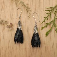 Sterling silver dangle earrings, 'Dark Bats' - Hand-Carved Sterling Silver Bat Dangle Earrings in Black