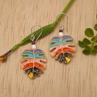 Garnet dangle earrings, 'Colorful Monstera' - Painted Carved Monstera Leaf Garnet Silver Dangle Earrings