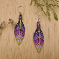 Amethyst and garnet dangle earrings, 'Fairy Leaves' - Hand-Carved Silver Amethyst and Garnet Leaf Dangle Earrings