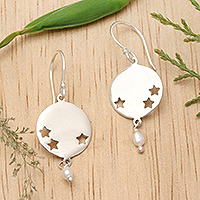 Cultured pearl dangle earrings, 'Little Constellation' - Star-Themed Sterling Silver and White Pearl Dangle Earrings