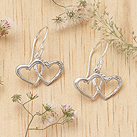 Sterling silver dangle earrings, 'Joined Love' - Polished and Textured Sterling Silver Heart Dangle Earrings