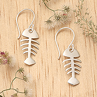 Sterling silver dangle earrings, 'Luck of the Sea' - Marine-Themed Sterling Silver Fish Skeleton Dangle Earrings