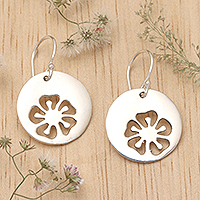 Sterling silver dangle earrings, 'Hibiscus Shadow' - Round Sterling Silver Hibiscus Dangle Earrings Made in Bali