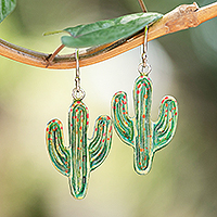 Hand-painted dangle earrings, 'Cactus Coquette' - Hand-Painted Cactus-Themed Dangle Earrings Crafted in Bali