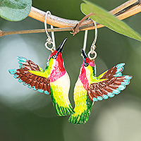 Hand-painted dangle earrings, 'Harmonious Feathers' - Hummingbird-Themed Hand-Painted Dangle Earrings Made in Bali