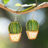 Hand-painted dangle earrings, 'Classic Cactus' - Warm-Toned Naïf Cactus-Themed Hand-Painted Dangle Earrings