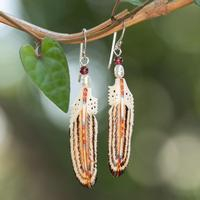 Garnet and cultured pearl dangle earrings, 'Rich Feathers' - Natural Garnet and Cultured Pearl Feather Dangle Earrings