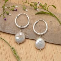 Cultured pearl hoop earrings, 'Ocean Coins' - Cultured Pearl and Polished Sterling Silver Hoop Earrings