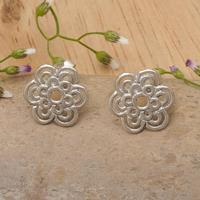 Sterling silver button earrings, 'Flower of Light' - Bloom-Shaped Sterling Silver Button Earrings Made in Bali