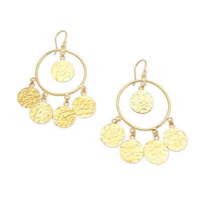 Gold-plated chandelier earrings, 'Moon Dame' - Balinese-Made Folk Art 18k Gold-Plated Chandelier Earrings