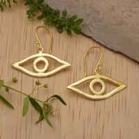 Gold-plated dangle earrings, 'Victorious Gaze' - Gold-plated Whimsical Eye-Shaped Dangle Earrings from Bali