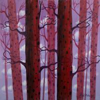 'Forest of Life' - Acrylic Painting of Autumn Trees in Purple Pink and Black