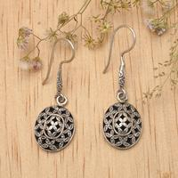 Sterling silver dangle earrings, 'Evergreen Splendor' - Leaf-Themed Oval Sterling Silver Dangle Earrings from Bali