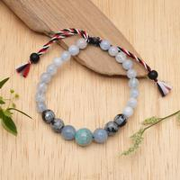 Men's multi-gemstone beaded pendant bracelet, 'Tridatu Peace' - Aquamarine Obsidian Onyx Yoga Tridatu Men's Pendant Bracelet