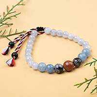 Men's multi-gemstone beaded pendant bracelet, 'Tridatu Serenity' - Men's Aquamarine Obsidian Sandstone Onyx Tridatu Bracelet