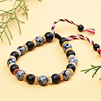 Men's onyx and obsidian beaded wristband bracelet, 'Tridatu Calmness' - Onyx and Obsidian Beaded Yoga Tridatu Bracelet for Men