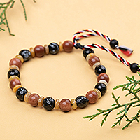 Men's multi-gemstone beaded wristband bracelet, 'Tridatu Awareness' - Obsidian Sandstone Onyx Beaded Yoga Tridatu Men's Bracelet