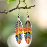 Garnet dangle earrings, 'Rainbow Leaves' - Handmade Rainbow Leafy Dangle Earrings with Garnet Beads