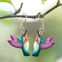 Hand-painted dangle earrings, 'Magical Feathers' - Hand-Painted Hummingbird Dangle Earrings in Teal and Purple