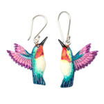 Hand-painted dangle earrings, 'Magical Feathers' - Hand-Painted Hummingbird Dangle Earrings in Teal and Purple