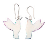Hand-painted dangle earrings, 'Magical Feathers' - Hand-Painted Hummingbird Dangle Earrings in Teal and Purple