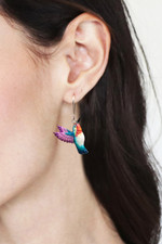 Hand-painted dangle earrings, 'Magical Feathers' - Hand-Painted Hummingbird Dangle Earrings in Teal and Purple