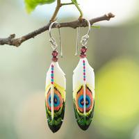 Garnet dangle earrings, 'Peacock Prestige' - Peacock-Inspired Hand-Painted Garnet Bead Dangle Earrings